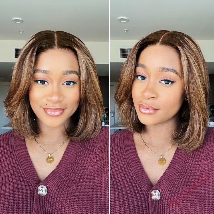 New Glueless Short Bob Hair Brown mixed Blonde Wavy Wig