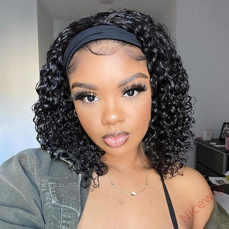 Natural Black Curly Headband Bob Wig