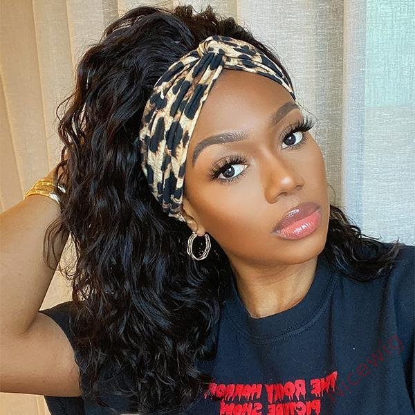 Natural Black Curly Headband Short Bob Wig