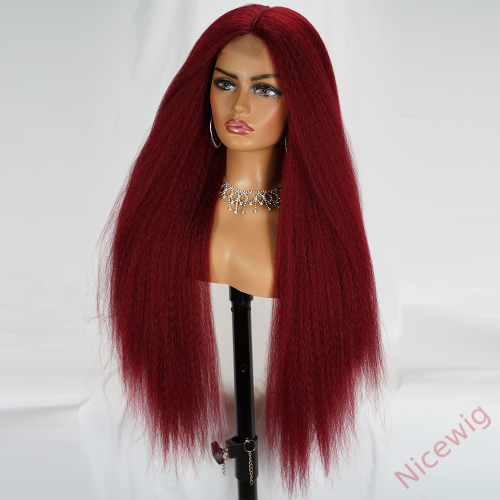 Glueless Wine Red Kinky straight 200% density brazilian Yaki Wig