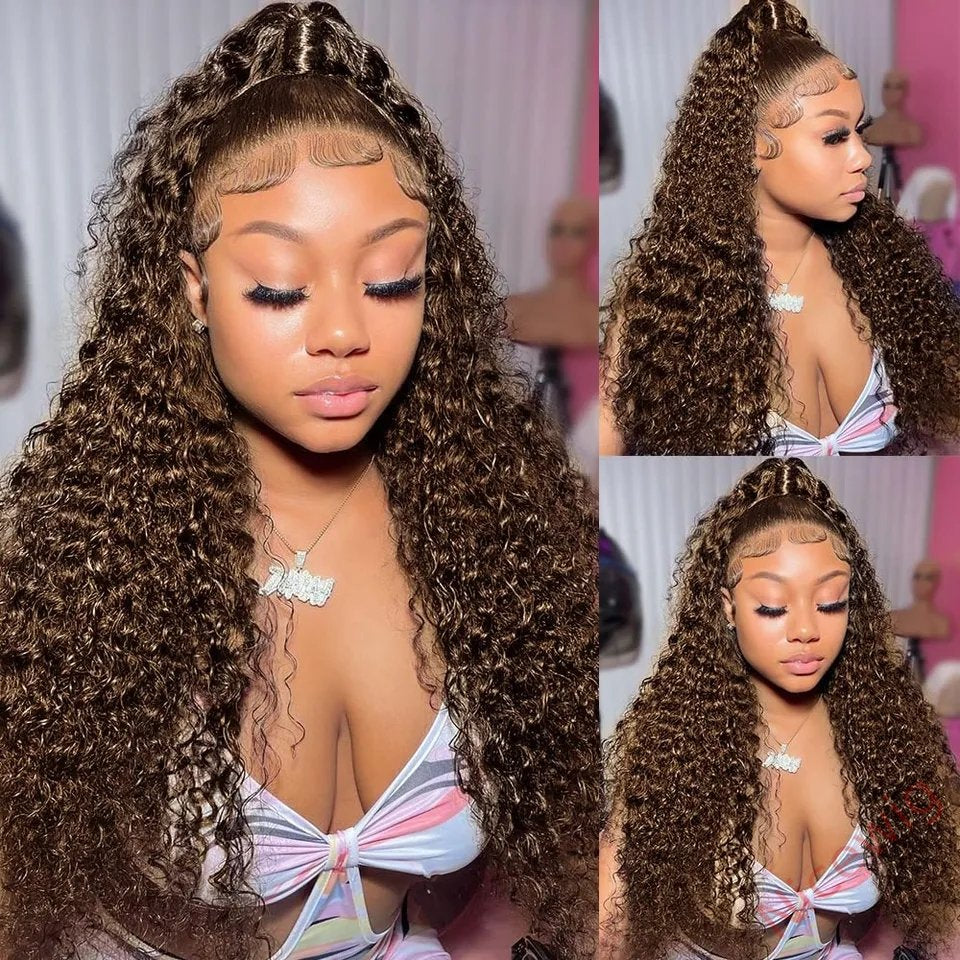 Glueless Dark Brown Brazilian Water Wave Long Curly Wigs