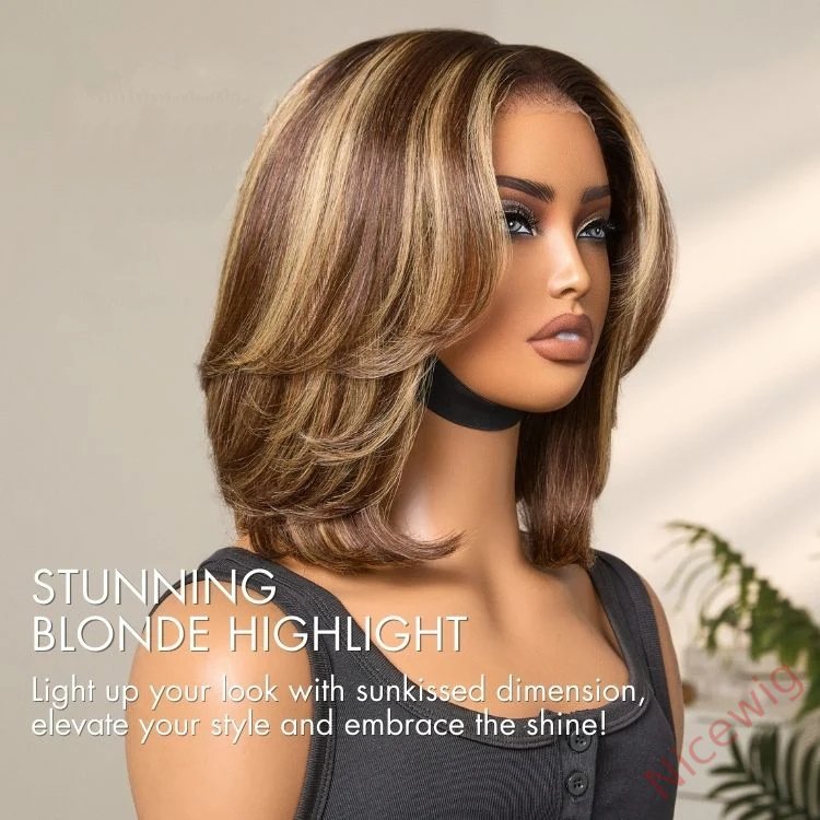 New Glueless Short Bob Hair Brown mixed Blonde Wavy Wig