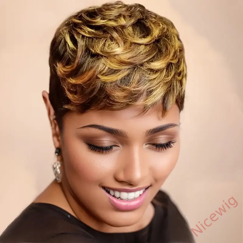 Short Mixed Brown Curly Wig Short Hairstyles Short Pixie Cut Wig