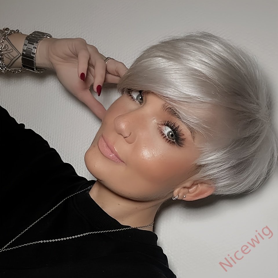 6 Inch Short Straight Pixie Cut Wig Silvery Grey 150% Density Brazilian Remy Hair